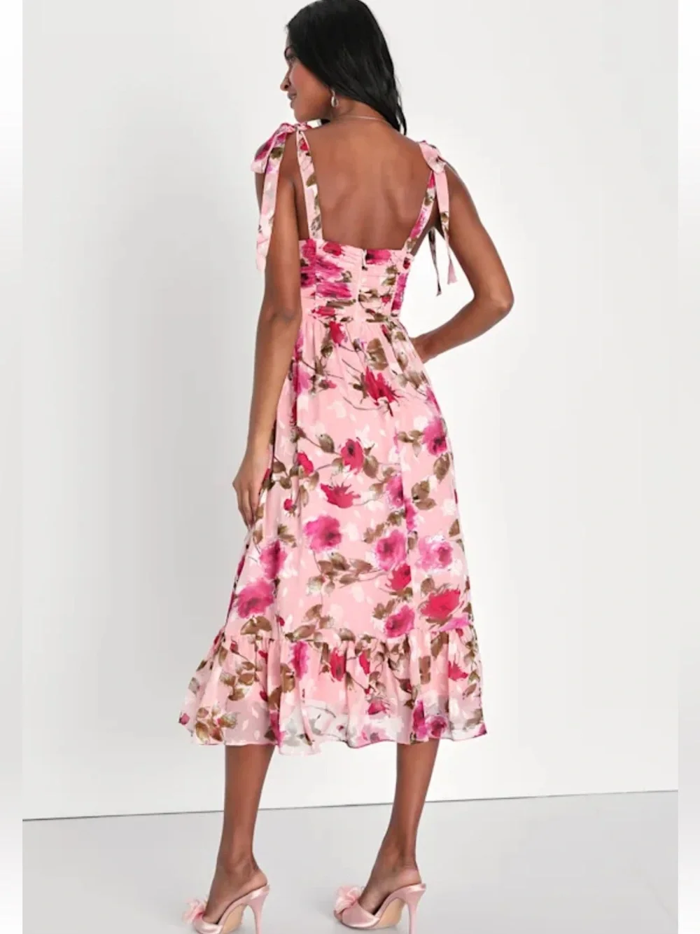 Lulu’s Pink Floral Tie-Shoulder Midi Dress - Picture 3 of 14